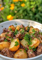 Fototapeta premium Closeup of Delicious Beef Stew with Potatoes and Herbs in a Bowl