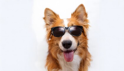 Dog wearing sunglasses on a cool background, a funny cute dog