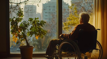 A still from the film, an elderly man in his wheelchair sits at home and looks out of the window, with dark colors, cold tones, and a melancholic atmosphere