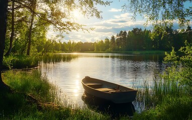 Tranquil sunset over a lake with a boat in the water