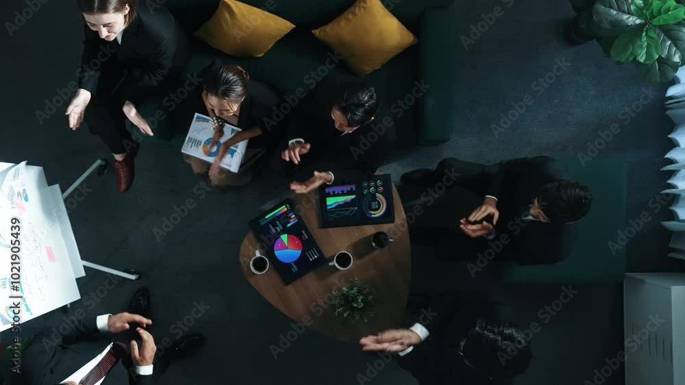 Aufkleber top down view of business team listen investor present idea while standing at whiteboard. diverse gr
