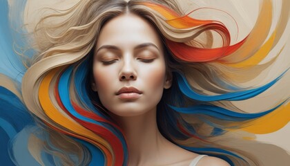 Serene woman with closed eyes, surrounded by vibrant waves of color in her hair, creating a peaceful and artistic atmosphere.