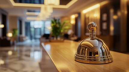 Closeup of a shiny golden hotel bell on a wooden reception desk, generative ai
