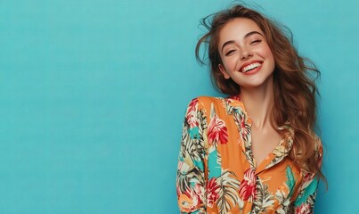 Fototapeta premium Photo of charming glad cheerful woman wear stylish print clothes empty space isolated on blue color background