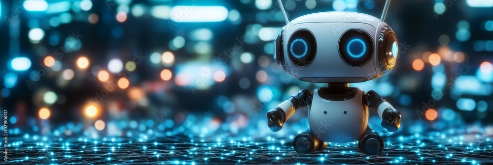 Poster cute ai robot in futuristic cityscape with glowing neural network, artificial intelligence concept