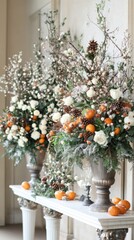 Obraz premium A beautiful centerpiece featuring roses, pinecones, and dried orange slices enhances the warmth of a cozy living room during the holiday season.