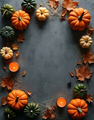 Autumn Halloween Flat Lay with Pumpkins, Candles, and Spider Webs on Dark Rustic Background