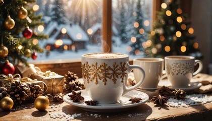 Mug with hot coffee. In the background is a window with snow and Christmas decoration houses visible 