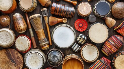 A vibrant collection of various drums and percussion instruments arranged aesthetically on a wooden surface.