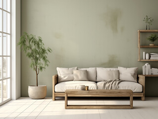Simple minimalist japandi and wabi sabi style living room with reclaimed wood furniture in neutral colors. Reused materials furniture. Rustic interior.