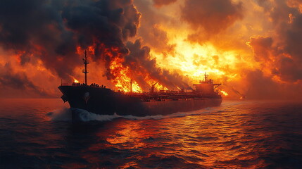 Obraz premium Critical Moments with a Oil Tanker Fires at Sea