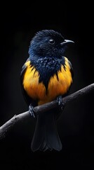 Fototapeta premium Greater Ani Vando Bird Perched On A Branch On A Black Background, Realistic Photo, Wallpaper, Cover and Screen for Smartphone, PC, Laptop, 9:16 and 16:9 Format