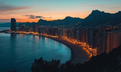 Obraz premium Picturesque scenery of modern coastal city surrounded by mountains at sundown