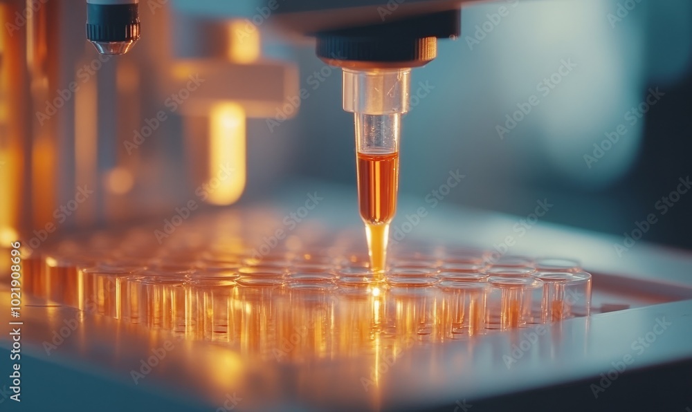 Poster samples being pipetted into micro plates during automated analysis in lab
