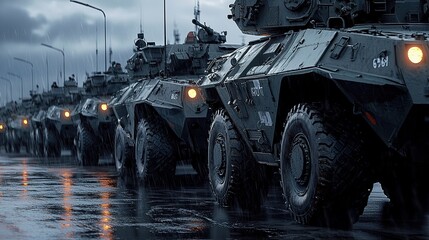 A lineup of armored vehicles on a rainy street, highlighted by dim lights, creating a dramatic, moody atmosphere.