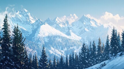 Fototapeta premium A stunning snow-capped mountain surrounded by lush pine trees against a tranquil blue backdrop