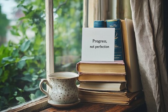 A simple white card with the quote "Progress, not perfection" leaning against a stack of books on a cozy reading nook by the window, evoking the idea of self-improvement and lifelong learning.