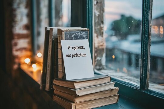 A simple white card with the quote "Progress, not perfection" leaning against a stack of books on a cozy reading nook by the window, evoking the idea of self-improvement and lifelong learning.