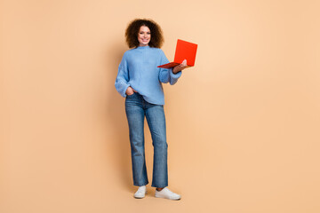 Photo of working specialist young business woman with macbook air laptop remote employer isolated on beige color background