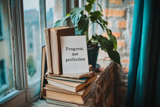A simple white card with the quote "Progress, not perfection" leaning against a stack of books on a cozy reading nook by the window, evoking the idea of self-improvement and lifelong learning.