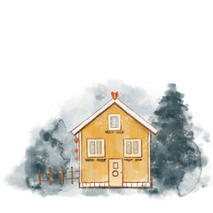 A fabulous winter house in the forest, a bright snowy house in Christmas decorations