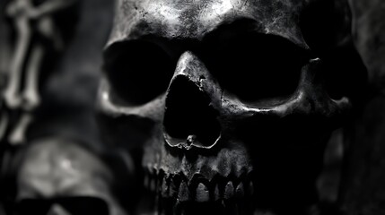 Close up of human skull in dark background, symbol of death and mortality