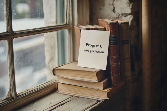 A simple white card with the quote "Progress, not perfection" leaning against a stack of books on a cozy reading nook by the window, evoking the idea of self-improvement and lifelong learning.