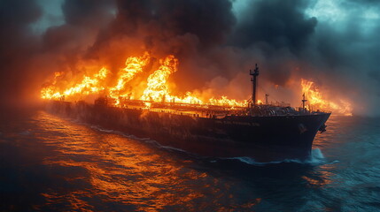 Fototapeta premium Critical Moments with a Oil Tanker Fires at Sea
