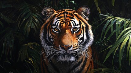 Fototapeta premium A painting of a tiger in the jungle with green foliage surrounding its face