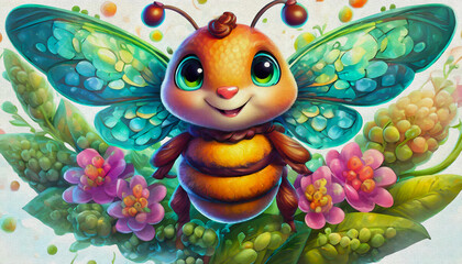 Fototapeta premium oil painting style CARTOON CHARACTER illustration CUTE Honeybee isolated on white background, top view. side front view