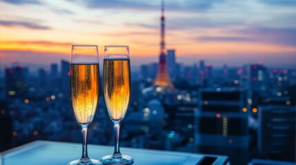 Close-up of champagne glasses overlooking the skyline of a beautiful city, romantic dinner generative ai