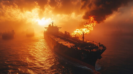 Fototapeta premium Critical Moments with a Oil Tanker Fires at Sea
