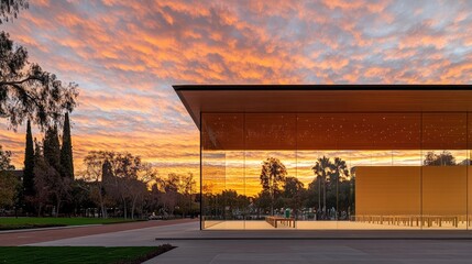 Fototapeta premium As the sun rises, vibrant orange and yellow hues fill the sky, casting reflections on the glass walls and illuminating the serene landscape
