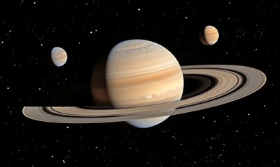 Fototapeta premium saturn planets in deep space with rings and moons surrounded. isolated on black background
