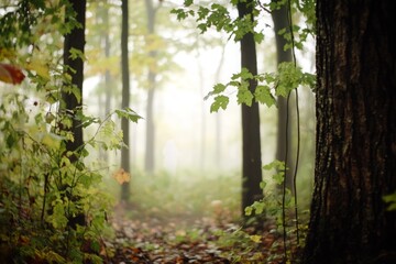 A spooky, fog-filled forest with a ghostly figure standing among the trees, barely visible in the mist