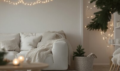 Scandinavian-style Christmas decor with minimalist white and wood elements, fairy lights, and natural greenery
