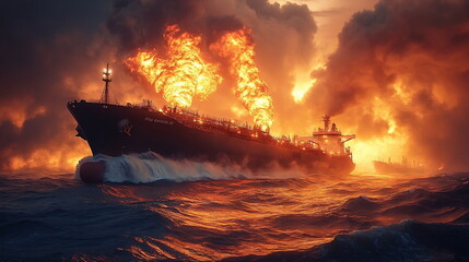 Naklejka premium Critical Moments with a Oil Tanker Fires at Sea