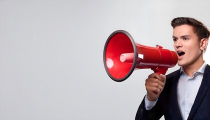 Hand holding A red megaphone announces sales and discounts, on a vibrant white background. Marketing banner