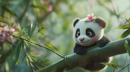 Fototapeta premium Panda bear sitting on tree branch with pink flower in hair