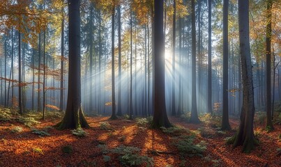 Fototapeta premium Panorama, spruce forest in autumn with fog, sun shining through the tree trunks