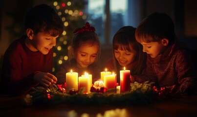 Parents and children sharing a moment of joy as they light the candles on the Advent wreath together.