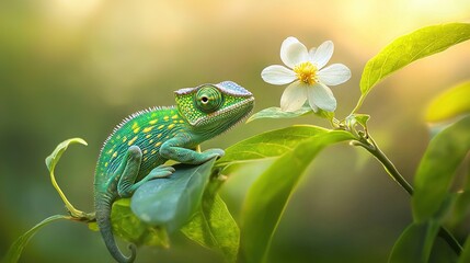  Green chamelon perched on verdant foliage, surrounded by white blossoms