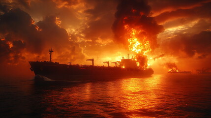 Fototapeta premium Critical Moments with a Oil Tanker Fires at Sea