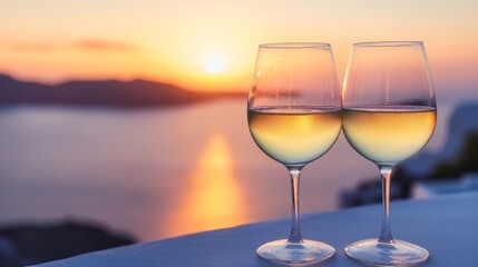 Obraz premium Closeup of two glasses of white wine on a rooftop terrace overlooking the ocean generative ai