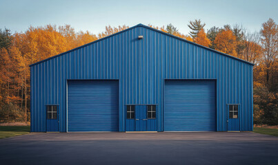 Fototapeta premium A large blue metal building with multiple doors stands on a paved lot against a clear blue sky 