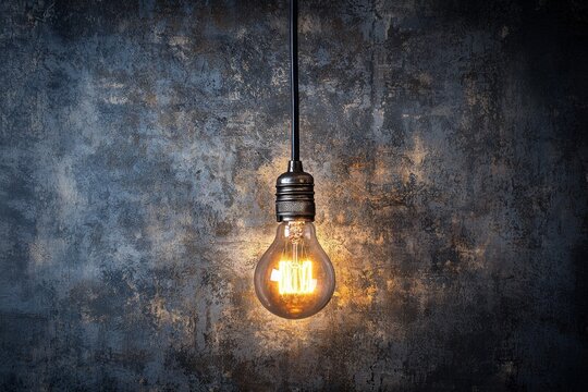 A single lightbulb hanging from a cord, illuminated against a dark industrial background. 