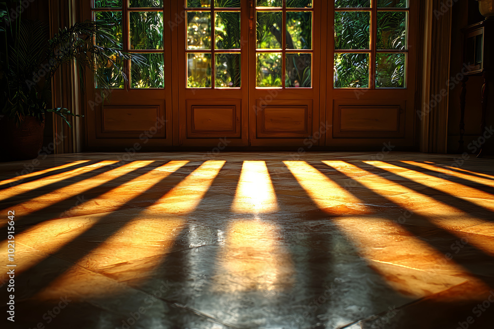 Poster sunlight passing through blinds, creating striped patterns on the floor. concept of design.