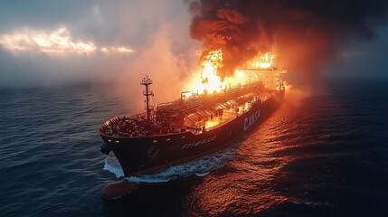 Fototapeta premium Critical Moments with a Oil Tanker Fires at Sea