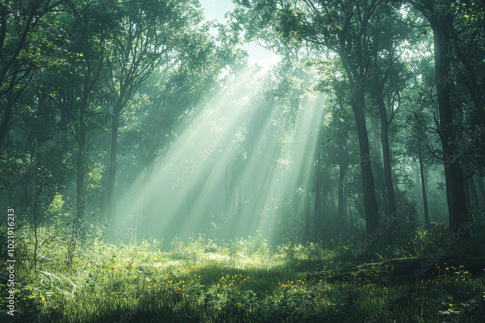 Poster light beams breaking through the canopy of a forest, creating patches of brightness on the forest fl