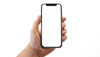 Smartphone mockup, phone holding by hand, isolated on a white background, white display, Mockup banner background